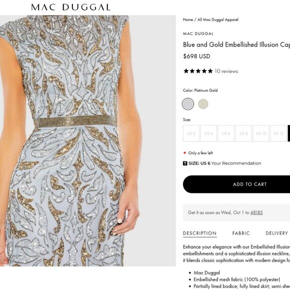 Mac Duggal 5532 Size 8 Blue Gold Beaded‎ Sequined Column Gown Long Maxi Dress - Picture 2 of 6